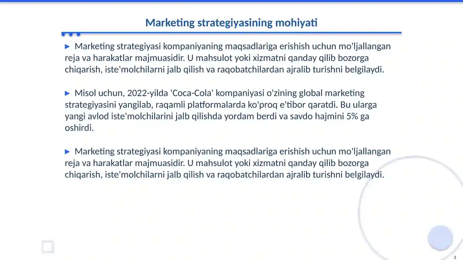 Marketing strategiyasi va uning ahamiyati. Bironkompaniya misolida 3