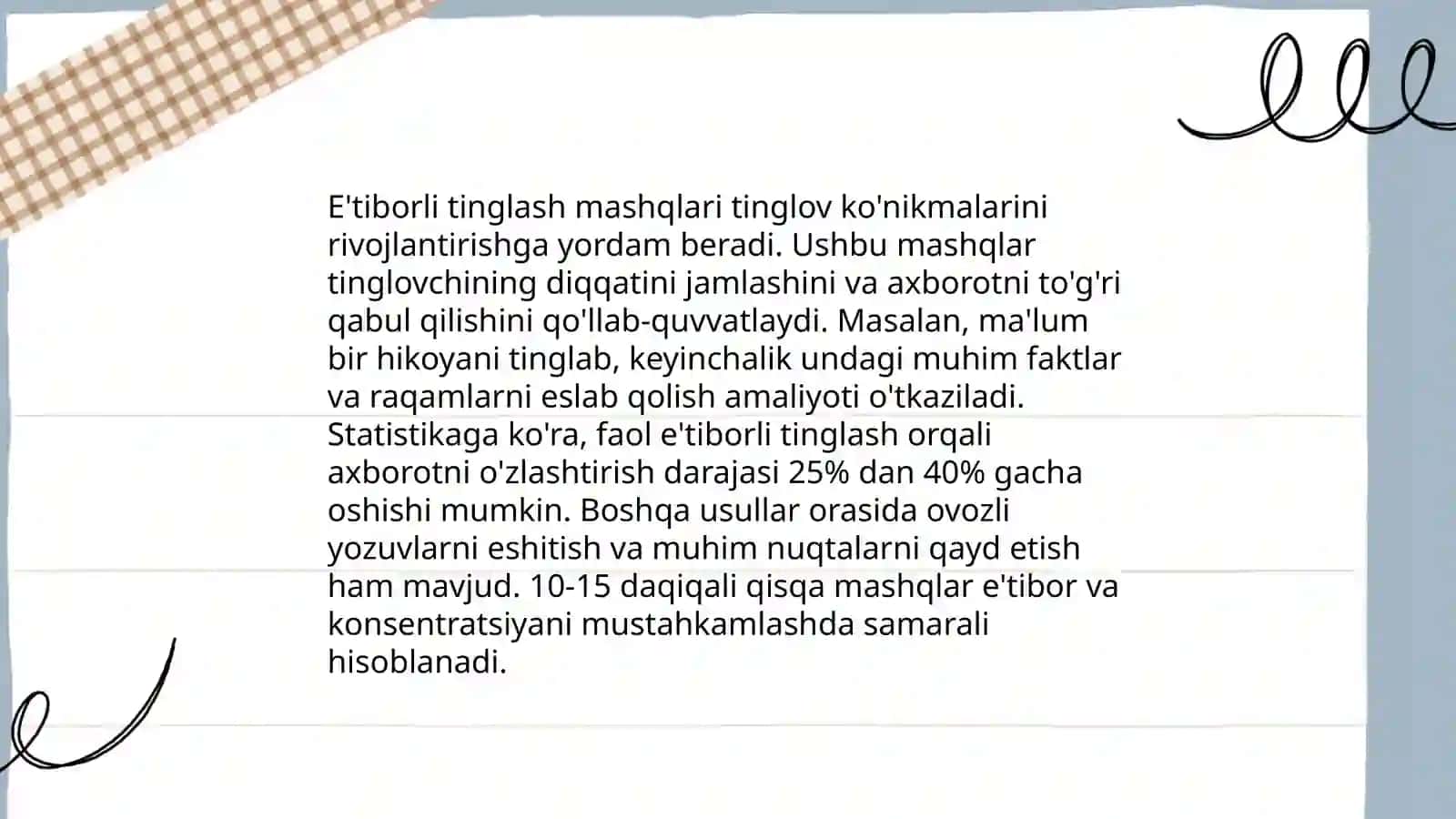 E'tiborli tinglash mashqlari 3