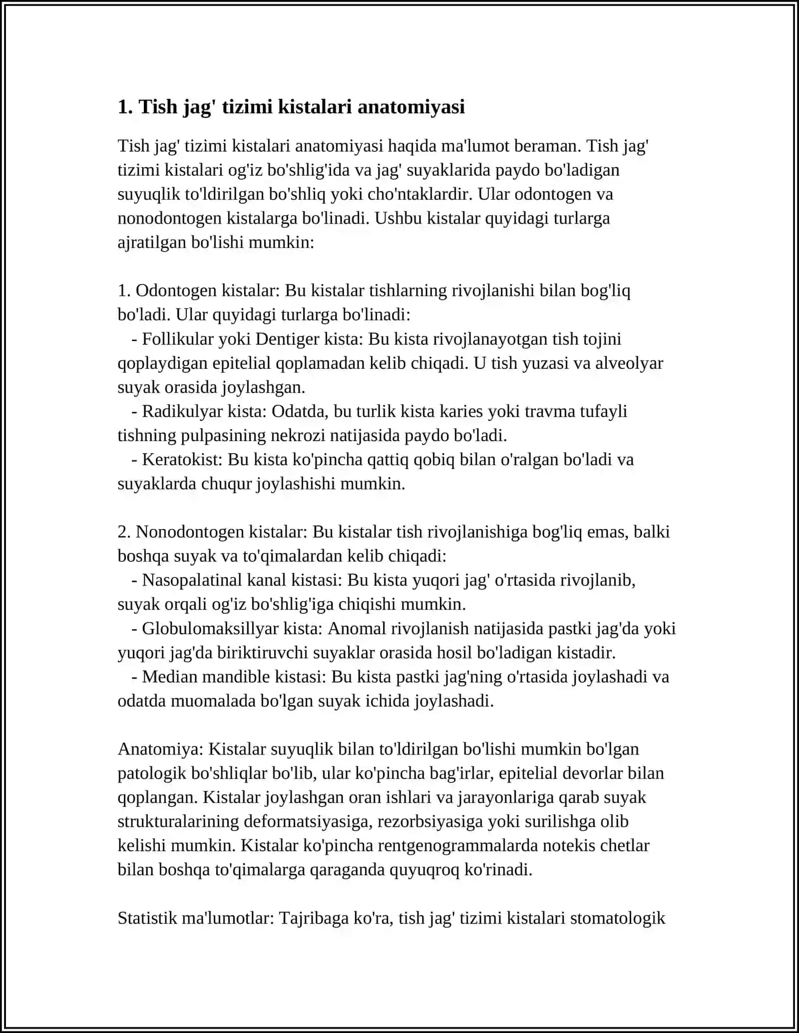 TISH JAGʻ TIZIMI KISTALARI XAVFLI VA XAVFSIZ KASALLIKLAR NUR TASHXISI 3