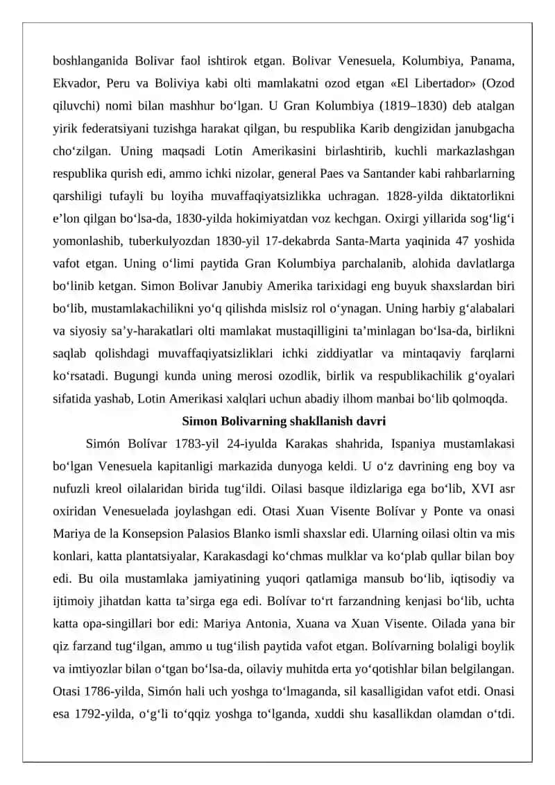 Simon Bolivar faoliyati 3