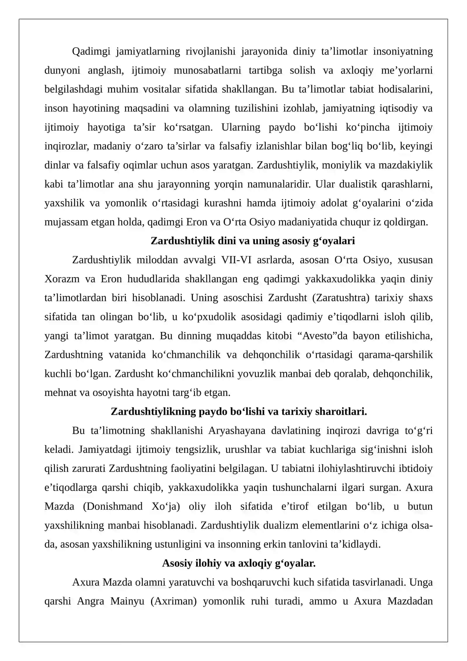 Zardushtiylik, Moniylik, Mazdakiylik, Sobiiylik, Tangrichilik va ularning mahalliy xalq orasida tutgan o‘rni 3
