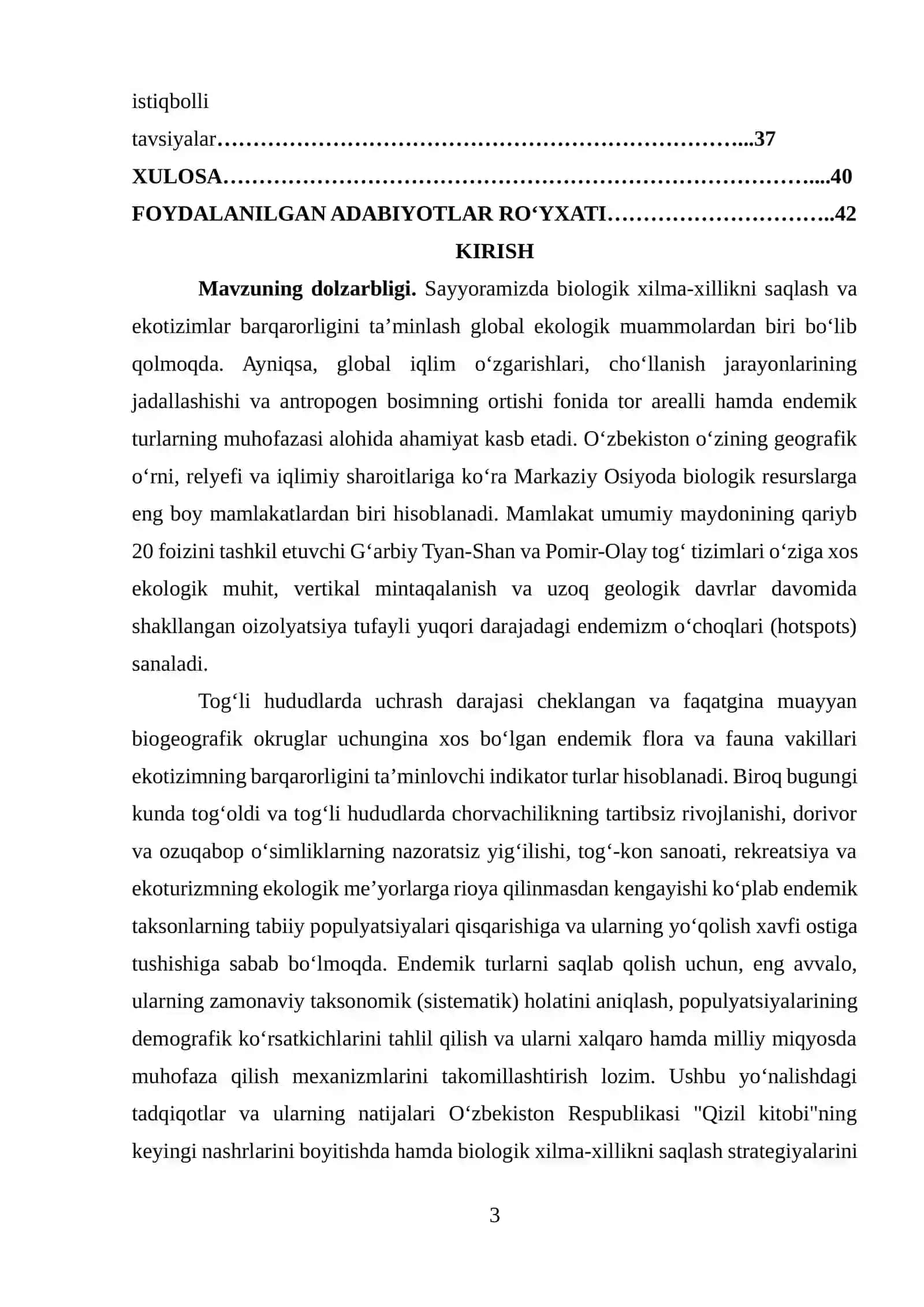 O'zbekistonning tog'li hududlarida uchraydigan endemik turlar sistematikasi va muhofazasi 3