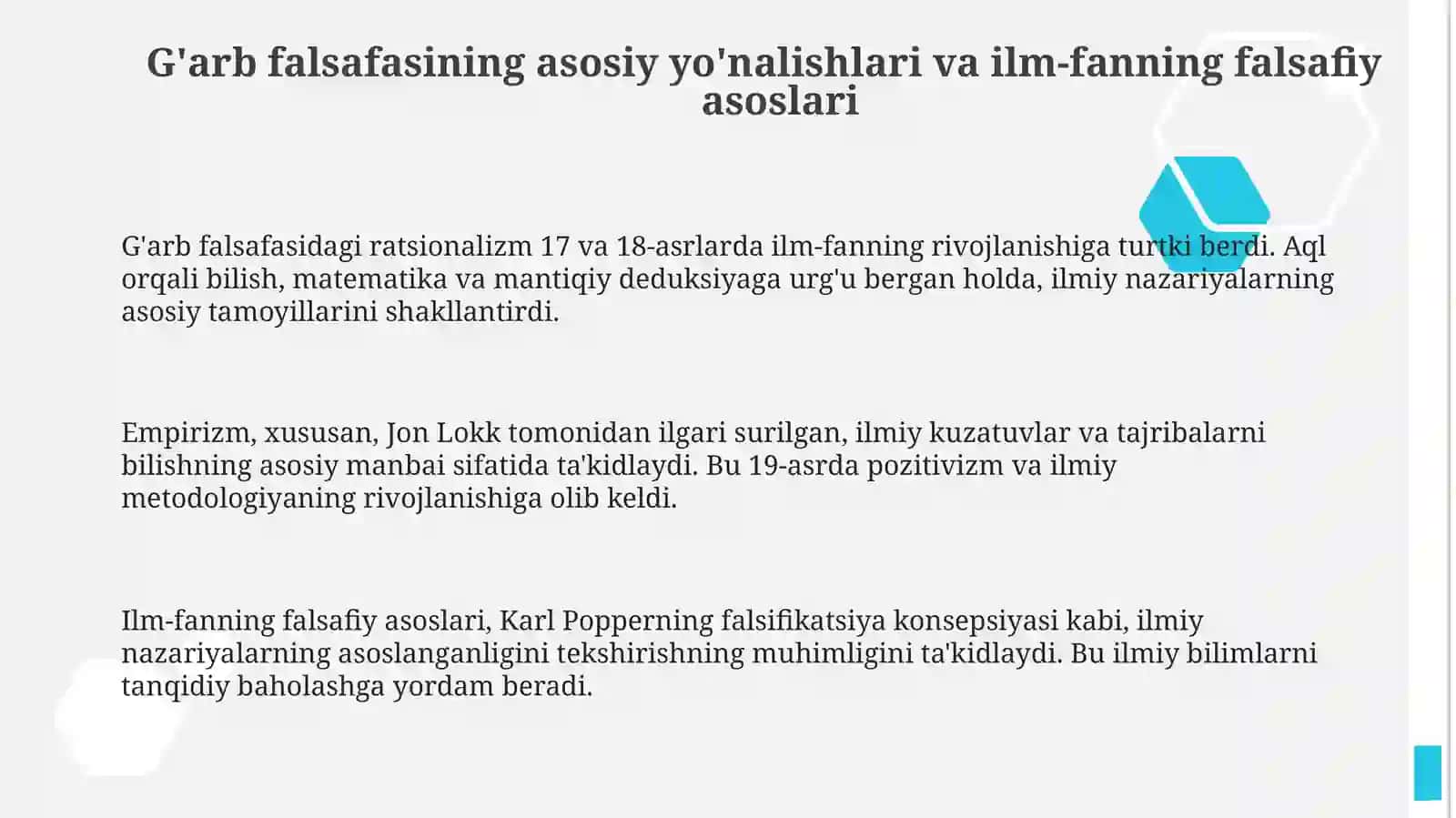 Gʻarb falsafasining ustuvor yoʻnalishlari va ularning fan taraqqiyotdagi oʻrini 3