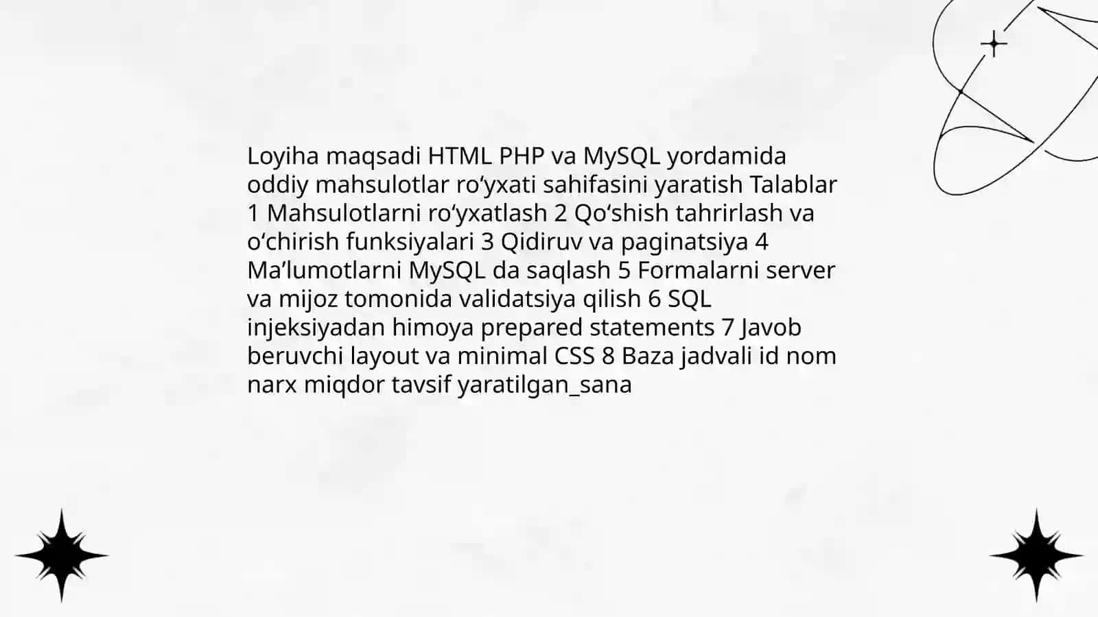 Loyiha maqsadi HTML PHP va MySQL yordamida oddiy mahsulotlar roʻyxati sahifasini yaratish 3