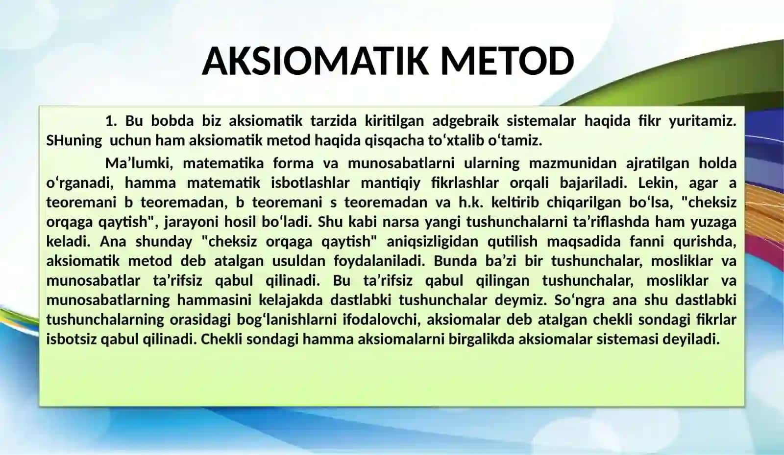 Aksiomatikusul Evilidning “Negizlar” asari 3