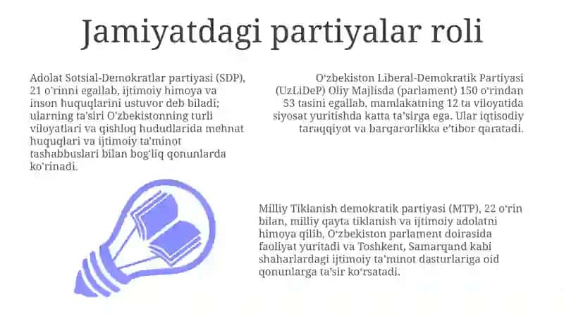 Oʻzbekistondagi beshta partiya nomlari va vazifalari 3