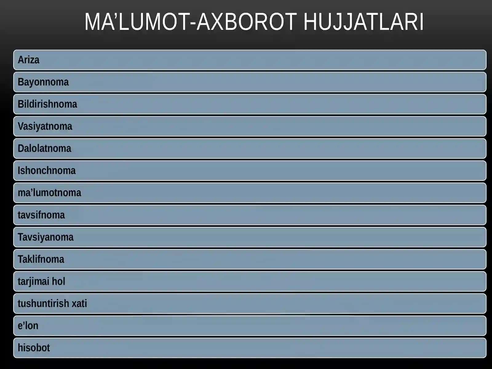 Ma’lumot-axborot hujjatlari.Xizmatyozishmalari.Diplomatikyozishmalar 3