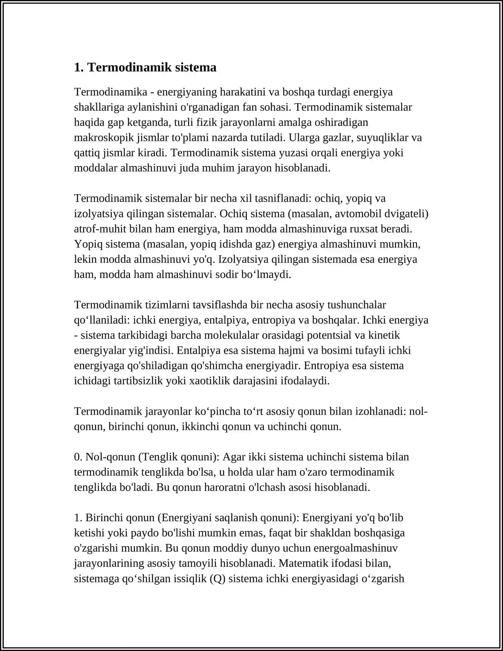 MUSTAQIL ISH Mavzu: TERMODINAMIK JARAYONLAR VA QONUNLAR 3