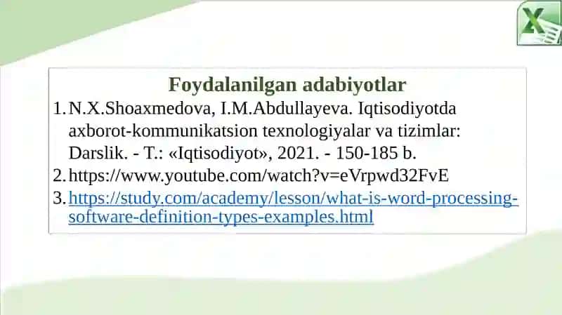 IQTISODIY MASALALARNI YECHISHDA JADVAL MUXARRIRLARIDAN FOYDALANISH 3