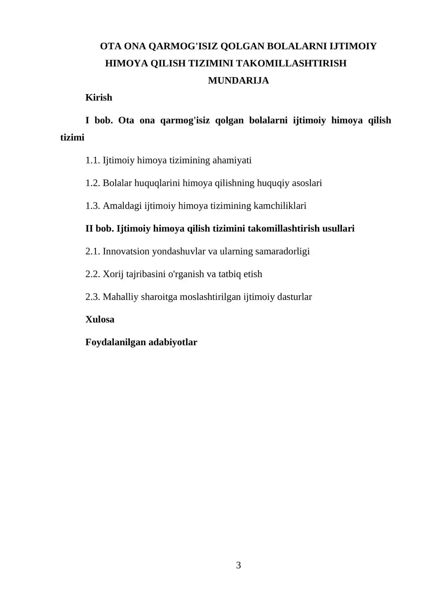 OTA ONA QARMOG'ISIZ QOLGAN BOLALAR BILAN IJTIMOIY ISH FANIDAN TAYYORLAGAN KURS ISHI 3