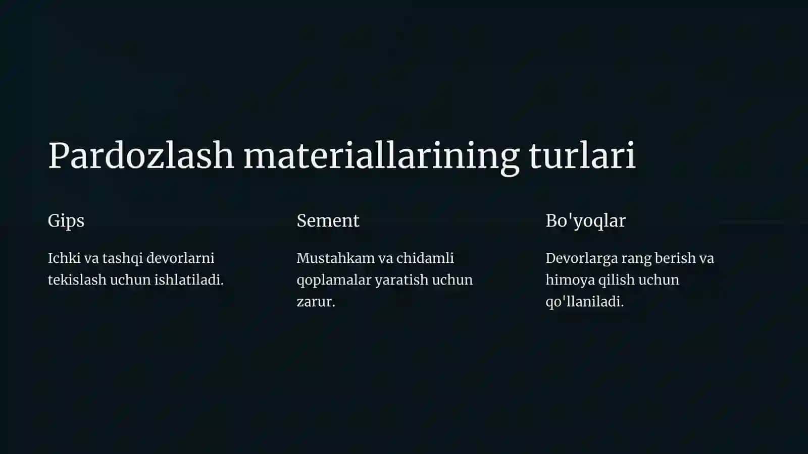 Pardozlash va issiqlik izolyatsiyasi: Materiallar va xossalari 3