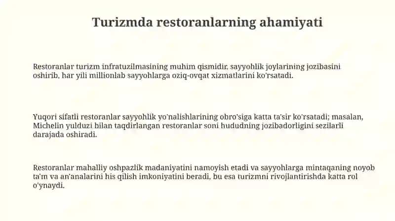 Turizm sohasida restoranlar ovqatlantirishning asosiy tizimi sifatida 3