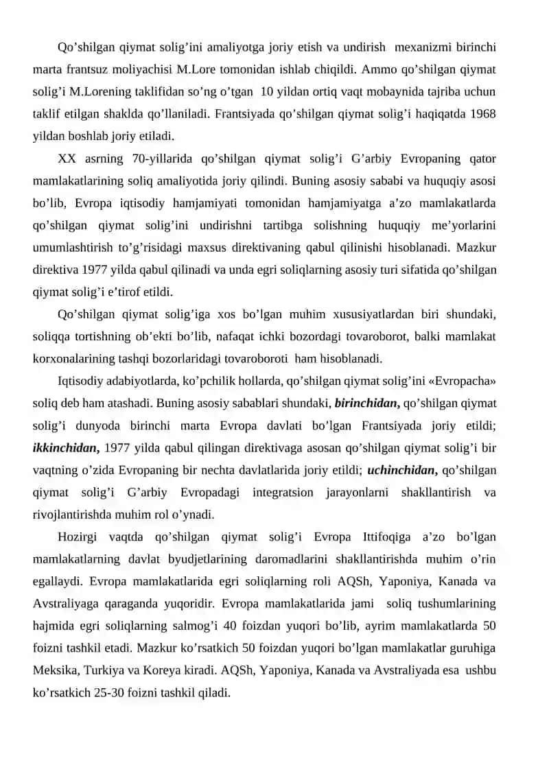 Qo’shilgan qiymat solig’i va uning mohiyati. 3