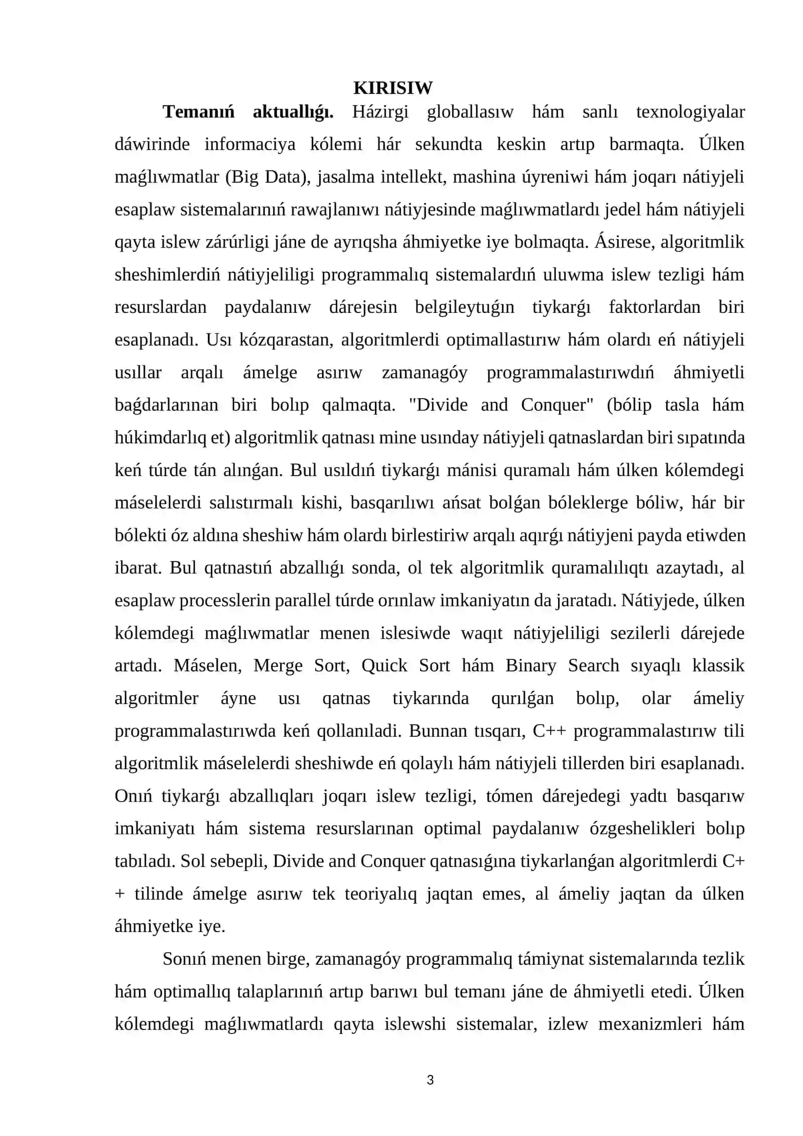 Divide and Conquer algoritmlerin C++ programmalastiriw tilinde ámelge asırıw 3