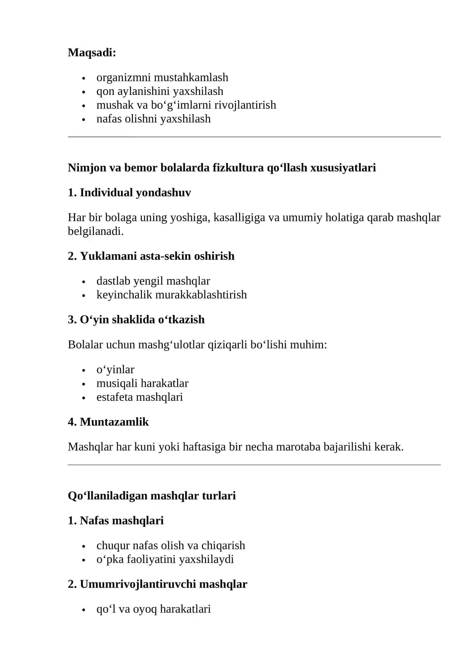 Nimjon va bemor bolalarda davolash va fizkulturani qollash mavzusida referat 3