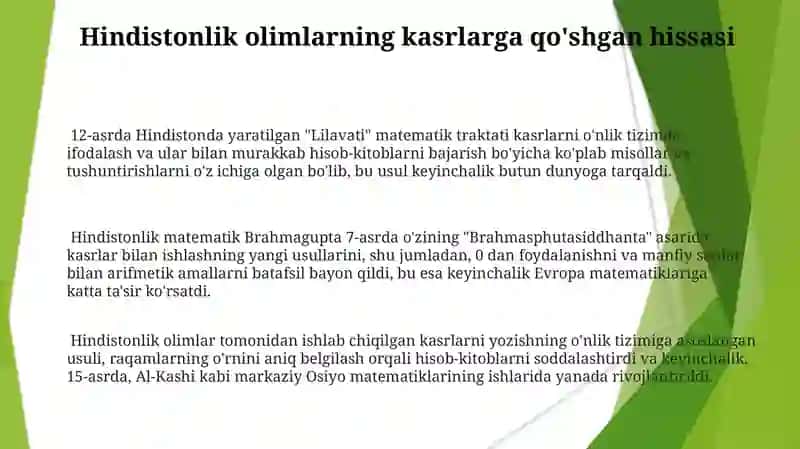 Kasr va o'nlik kasrlar tarixidan dalillar 3