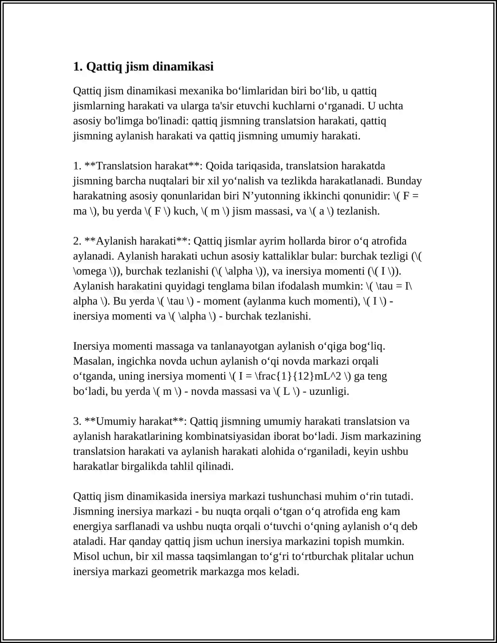 MEXANIKADA QATTIQ JISM. QATTIQ JISMNING HARAKAT VA MUVOZANAT TENGLAMALARI 3