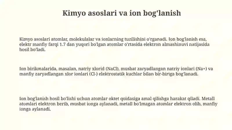 Kimyo asoslari va ion bog'lanish 3