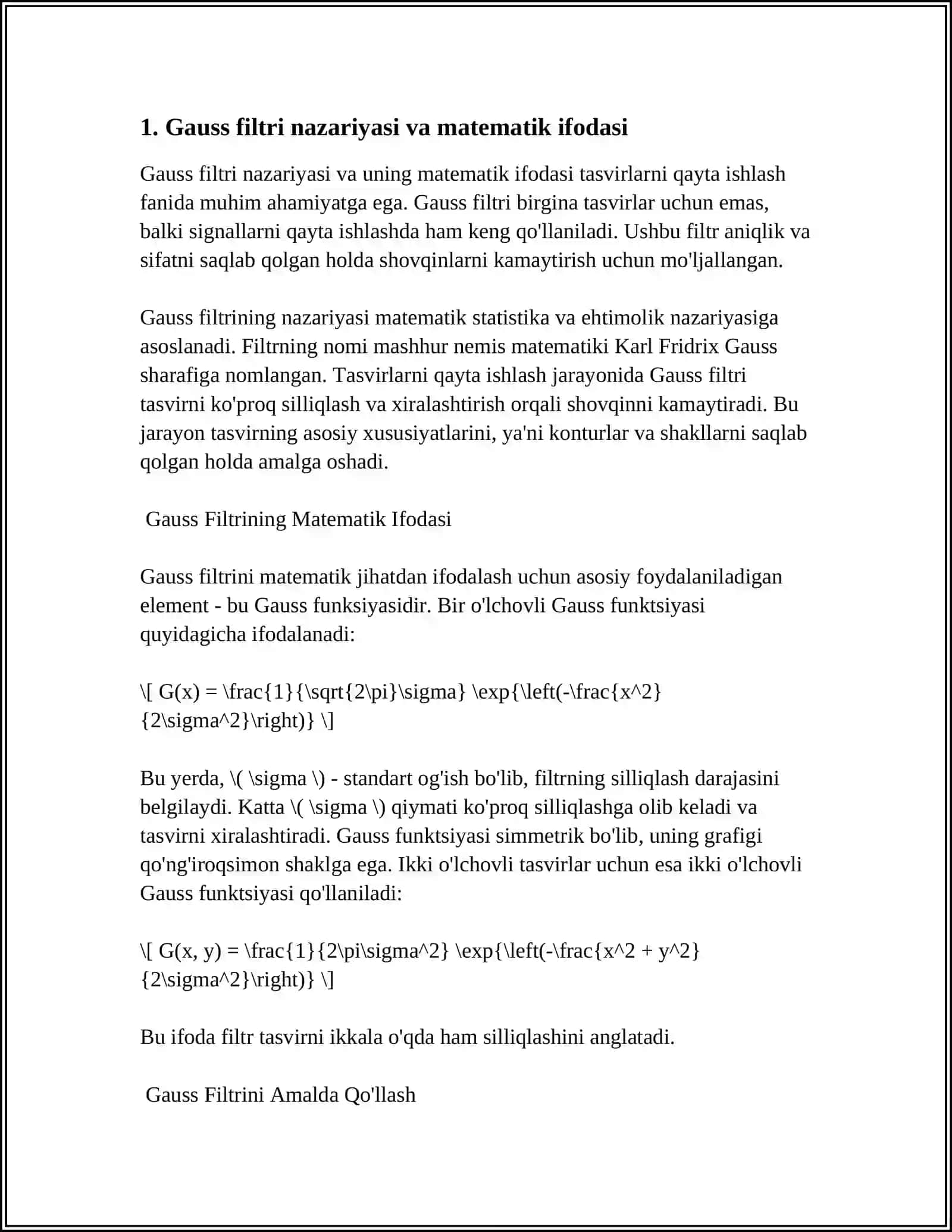 TASVIRLARNI QAYTA ISHLASH FANIDAN. GAUSS FILTRI VA UNING QO'LLANILISHI 3
