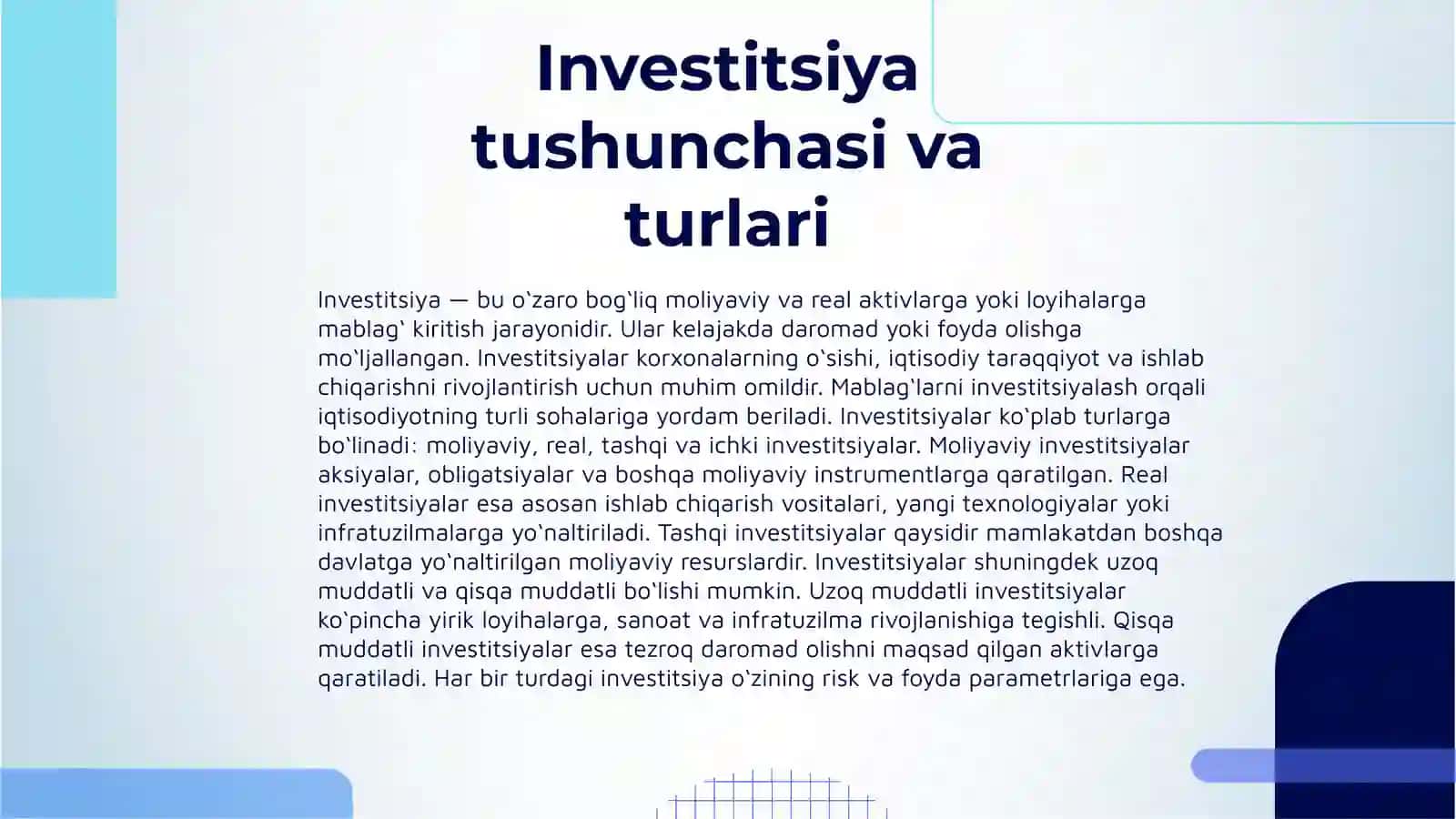 Investitsiyalar va Ulardan Samarali Foydalanish 3