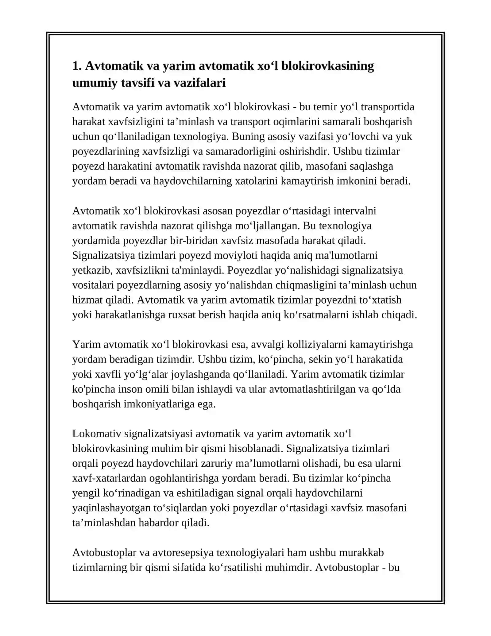 AVTOMATIK VA YARIM AVTOMATIK XO'L BLOKURORKASI. AVTOMATIK LEKOMATIV SIGNALIZATSIVASI VA AVTOSTOPLAR 3