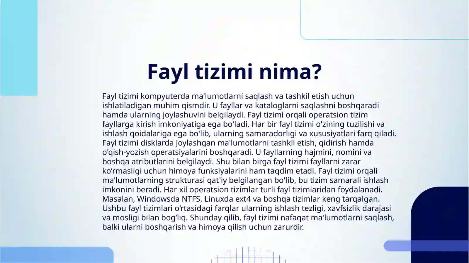 FAYL TIZIMLARI VA ULARNING TURLARI (NTFS, EXT4, FAT32) 3