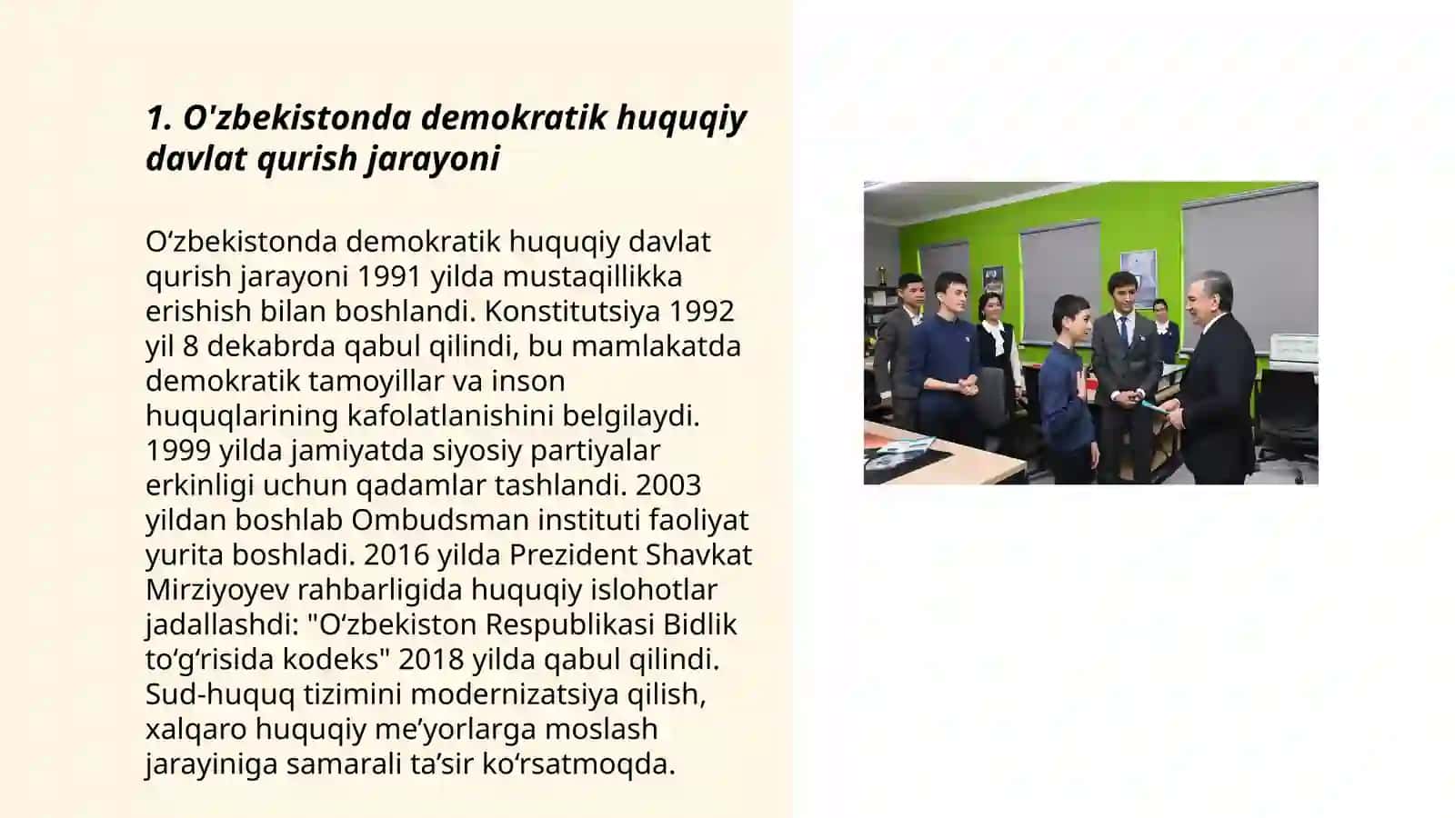 O‘zbekistonda demokratik fuqarolik jamiyati asoslarining shakillanishi amalga oshirilgan siyosiy islohotlar Muqaddam Niyozova 3