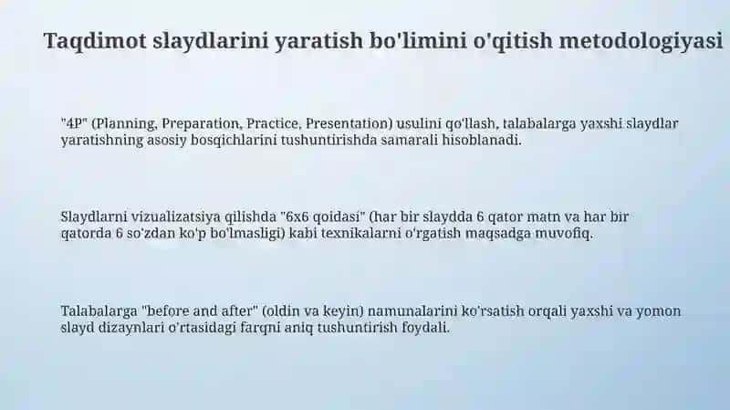 Taqdimot silaydlarni yaratish boʻlimini oʻqitish metodikasi 3