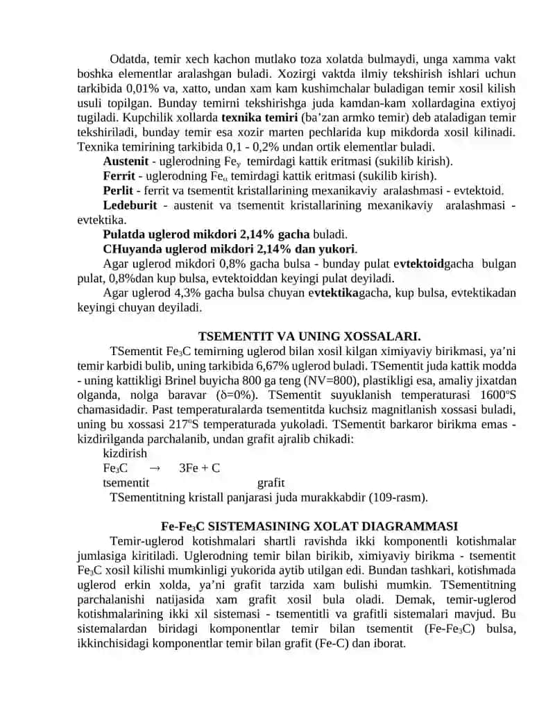 Temir-uglerod qotishmalari. Temir-uglerod sistemasining holat diagrammasi. Qotishmalarni termik ishlash asoslari 3