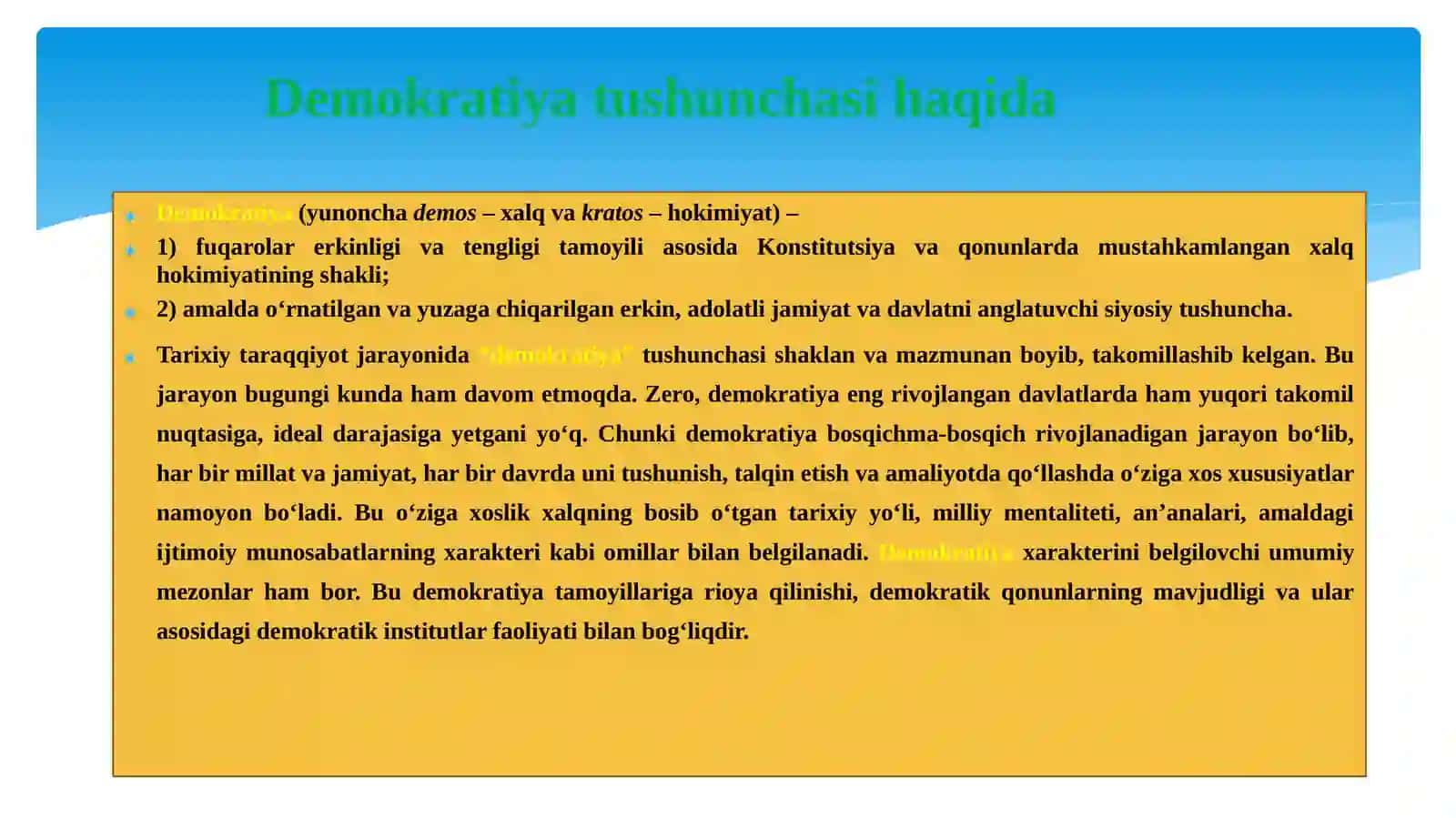 Oʼzbekistondademokratik, fuqarolik jamiyati asoslarining shakllanishi, amalga oshirilgan siyosiy islohotlar 3