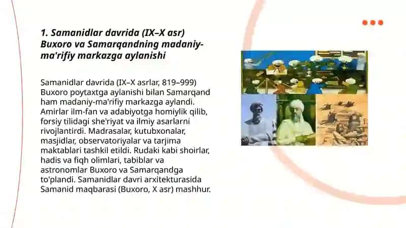 Samanidlar davrida (IX–X asr) Buxoro va Samarqandning madaniy-ma'rifiy markazga aylanishi 3