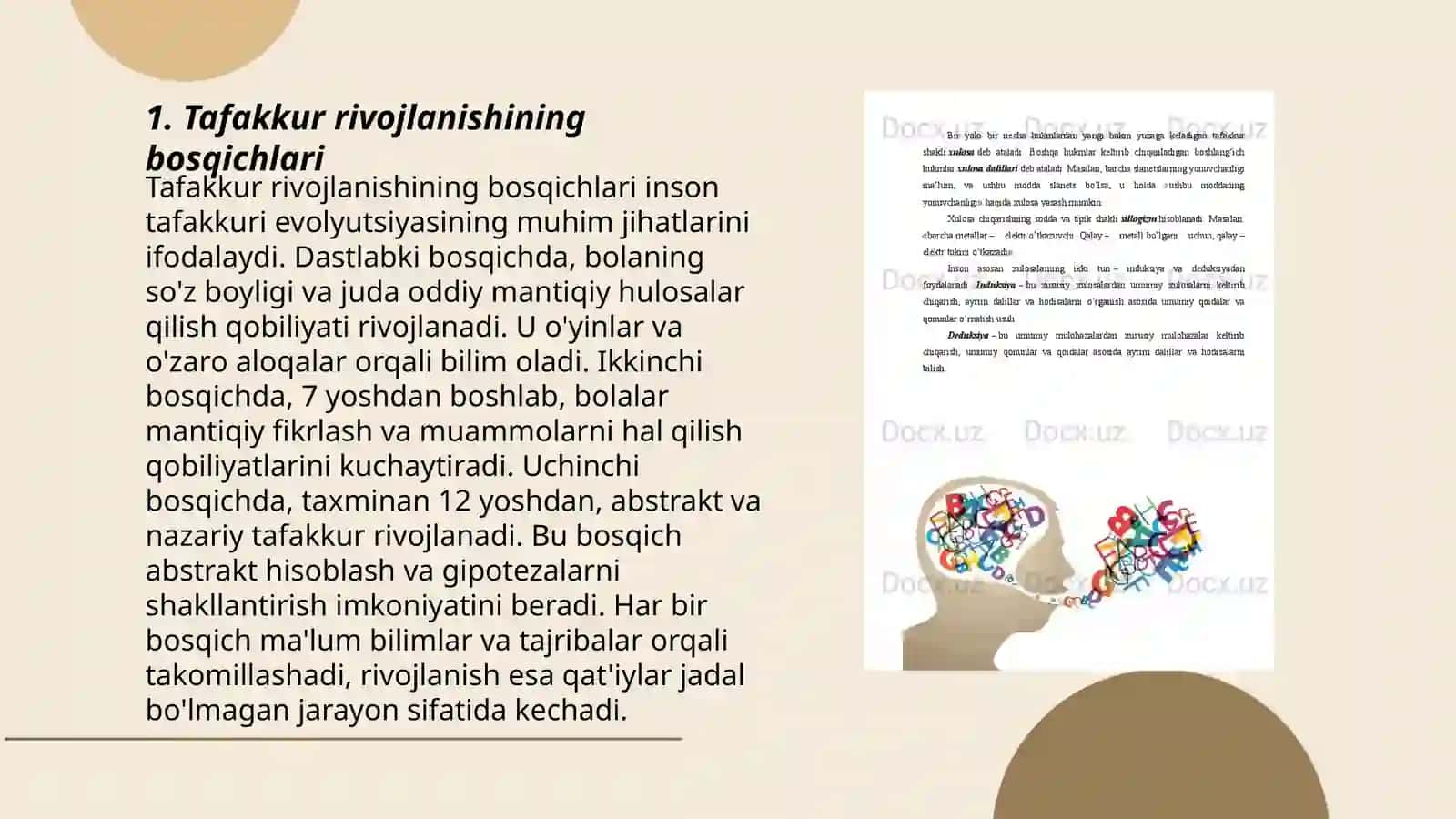 Tafakkur rivojlanish xususiyatlari, inson intellektual taraqqiyotida tafakkur o'rni. Nutq rivojlanishi haqida mulohazalar 3