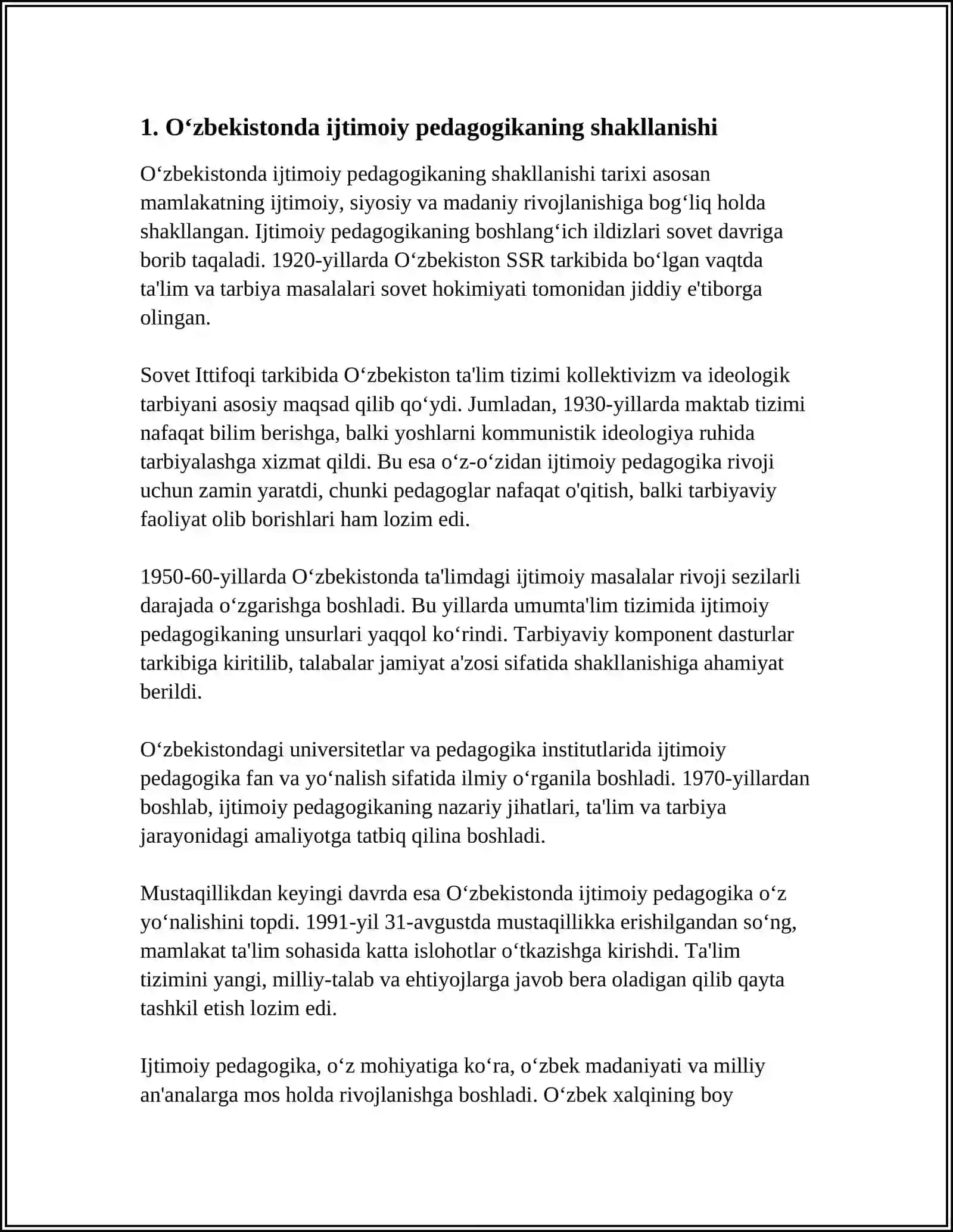 O'ZBEKISTONDA IJTIMOIY PEDAGOGIKA VA PEDAGOGIK SOTSIOLOGIYA FANINING PAYDO BO'LISHINING MADANIY, TARIXIY, IJTIMOIY HUQUQIY SHART SHAROITLARI 3