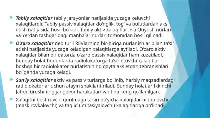 RADIOLOKATSIYA TIZIMLARIGA TA’SIR ETUVCHI XALAQITLAR 3