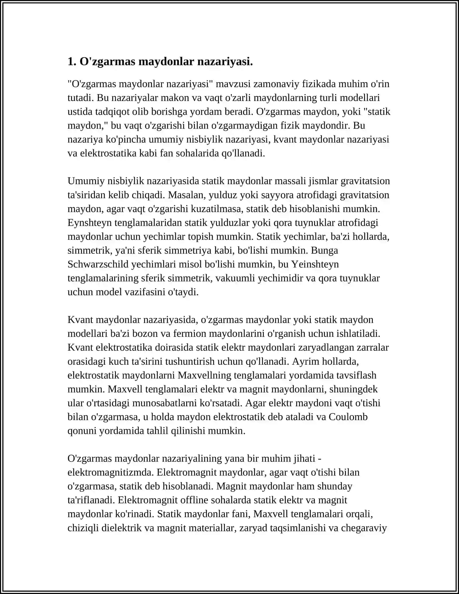 O'ZGARUVCHAN MAYDON. HARAKATDAGI SOHA INTEGRALLARARINING O'ZGARISHI 3