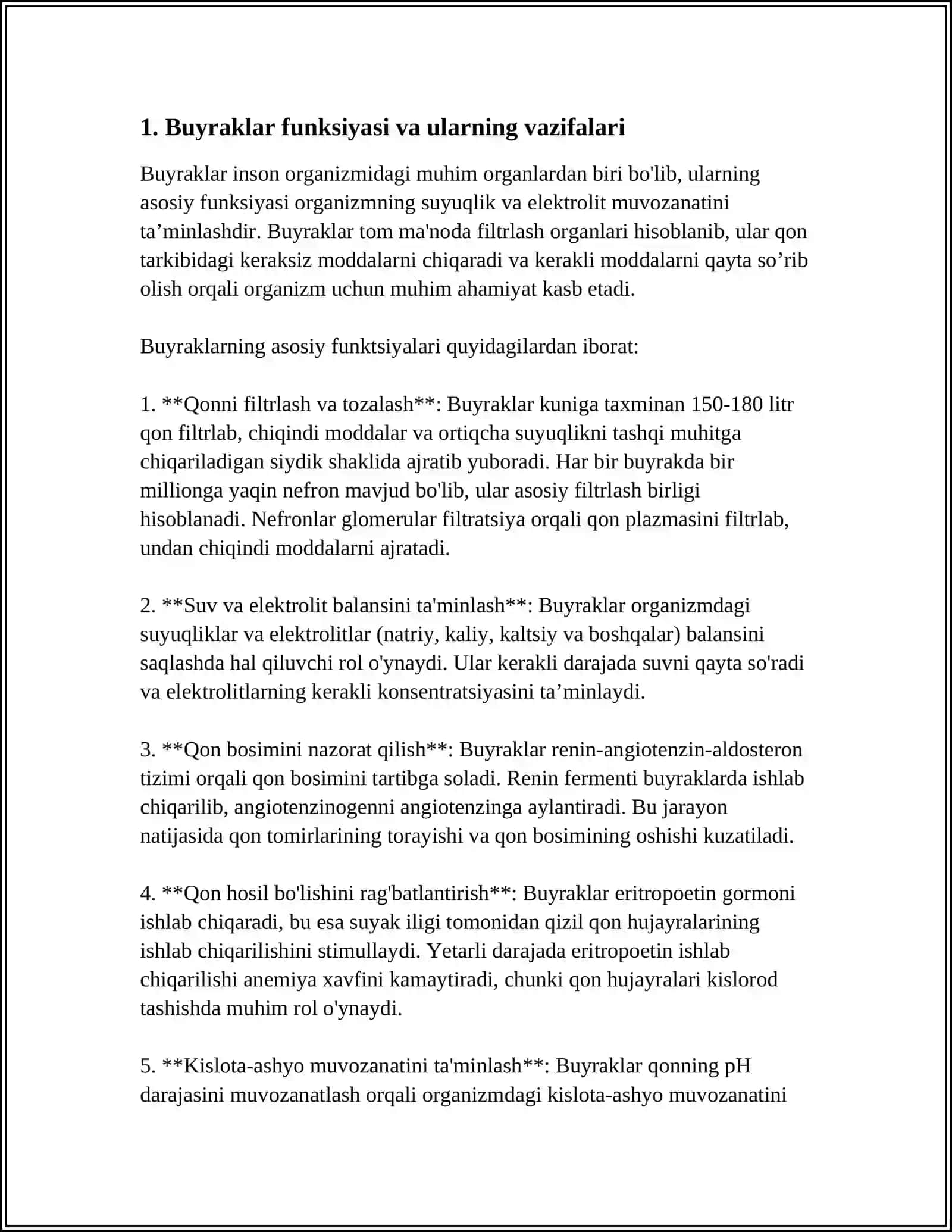 BUYRAKLAR FUNKSIYASI VA ULARNING ANATOMIK FIZIOLOGIK XUSUSIYATLARI.BUYRAK FAOLIYATINING BOSHQARUV NEYRO GUMORAL MEXANIZMLARI 3