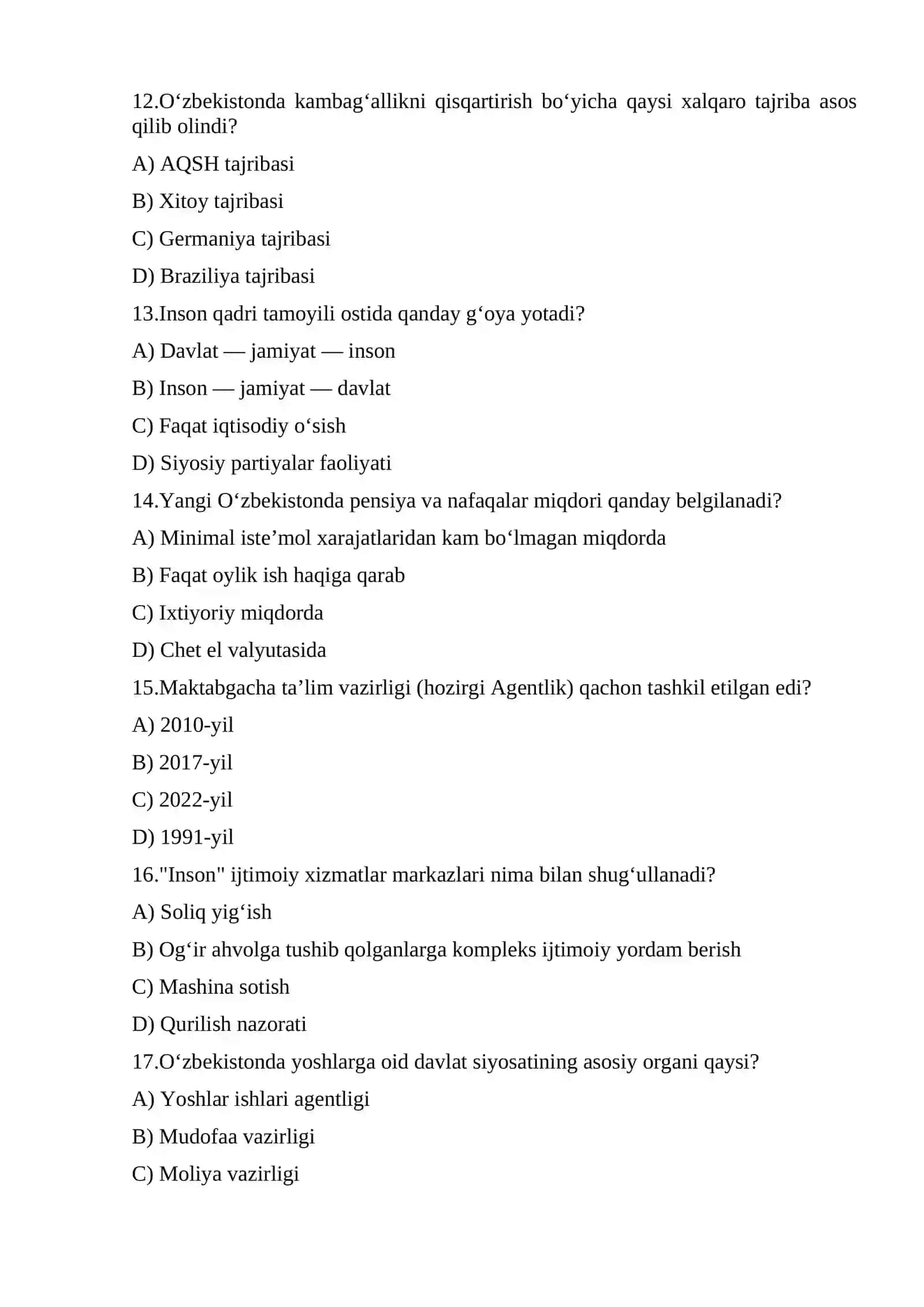 O'zbekistonda ijtimoiy sohadagi islohotlar bo'yicha testlar TEST. 3