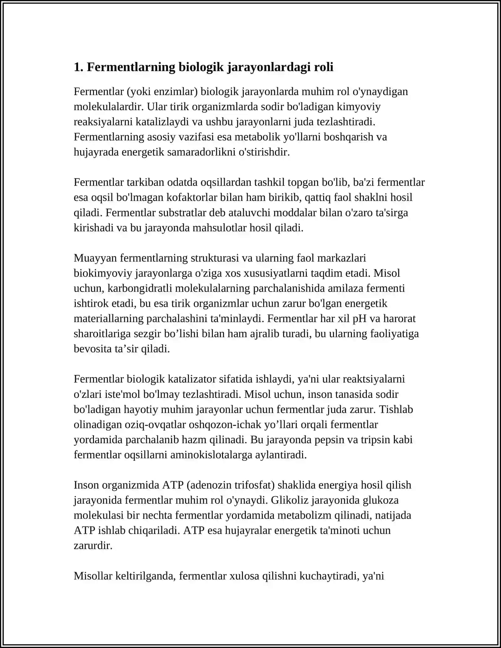 BIOLOGIK JARAYONLARDA FERMENTLARNING AHAMIYATI VA FERMENTATIVE REAKSIYALARNING TEZLIGINI ANIQLASH 3
