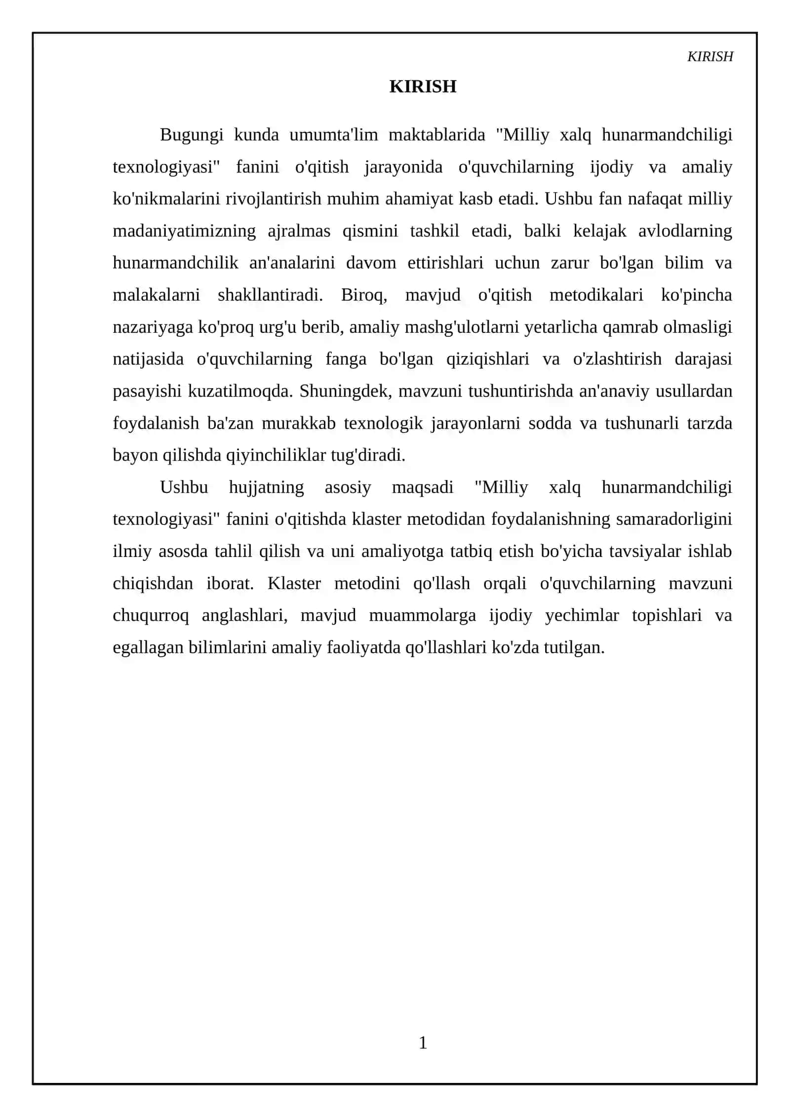 O'quvchilarga "Milliy xalq hunarmandchiligi texnologiyasi" mavzusini o'qitishda klaster metodidan foydalanish 3