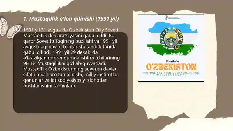 Mustaqil Õzbekiston Respublikasining tashkil topishi va tarixiy ahamiyati 3