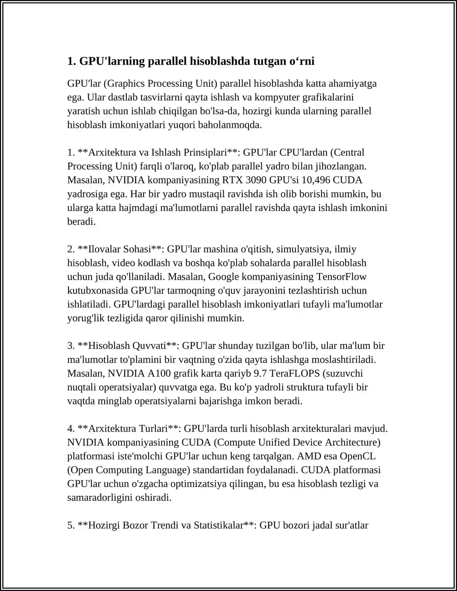 GPU VA ULARNING PARALLEL HISOBLASHDAGI ORNI:GPULARNING PARALLEL HISOBLASHDAGI AFZALLIKLARI VA QANDAY QOLLANILISHI 3