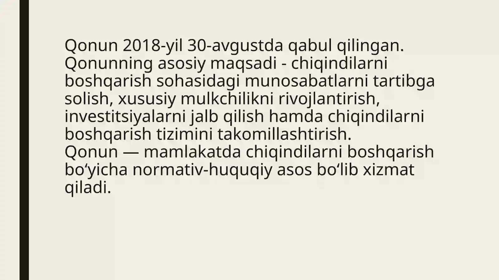 O’zbekiston Respublikasi «Chiqindilar to‘g‘rida»gi Qonuni 3