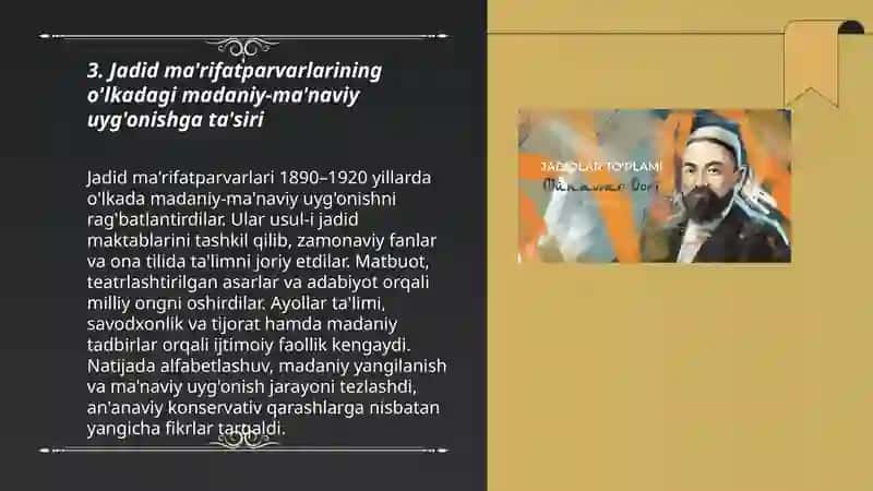 Jadid ma'rifatparvarlarining o'lka ijtimoiy-ma'naviy hayotida tutgan o'rni 3