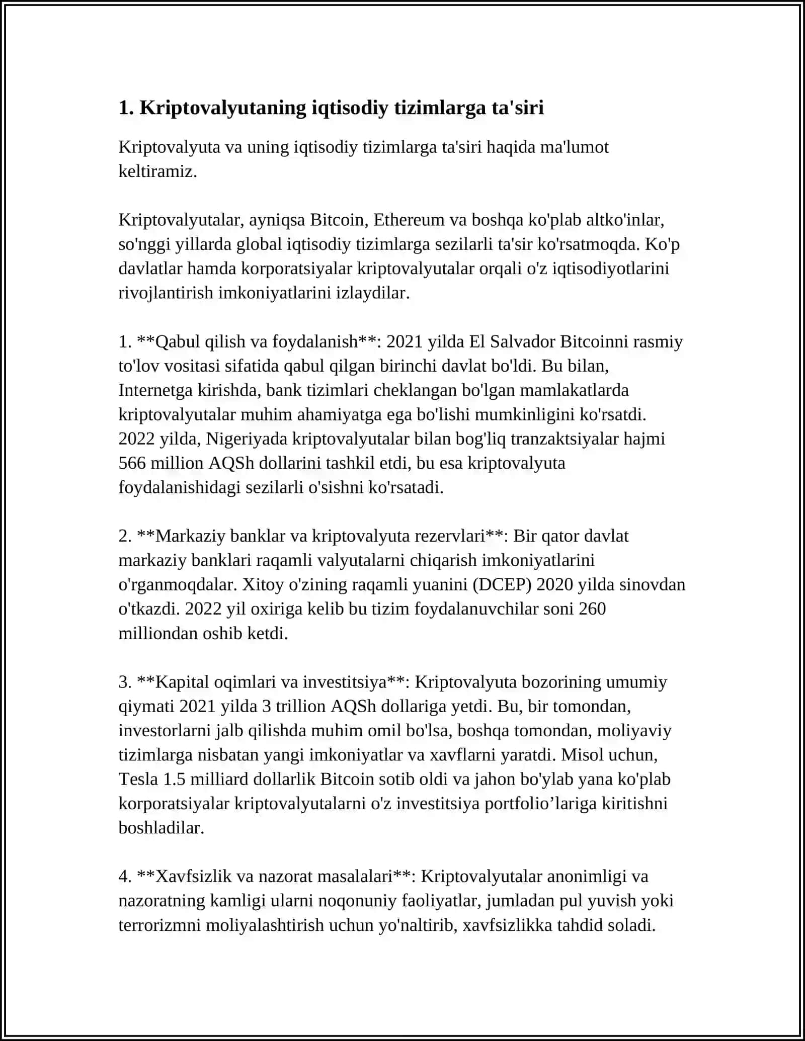 KRIPTOVALYUTANING KELEJAKDA MAMLAKATLAR IQTISODIYOTIDAGI O'RNI 3