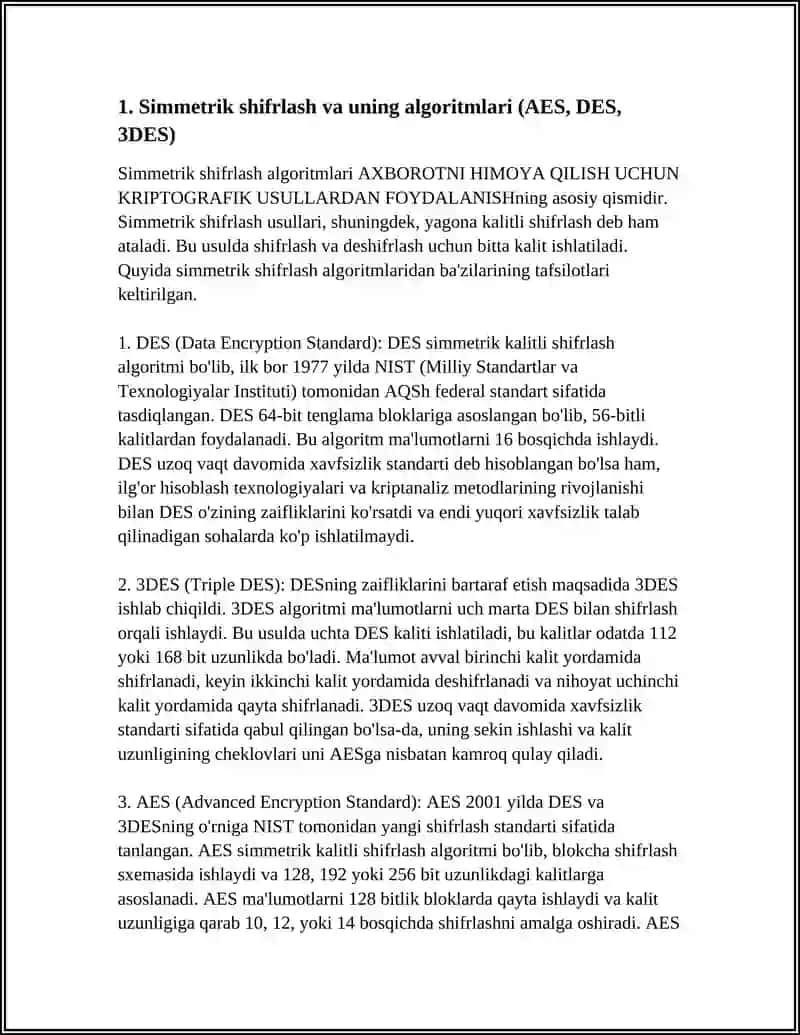 Simmetrik shifrlash va uning algoritmlari (AES, DES, 3DES) 3