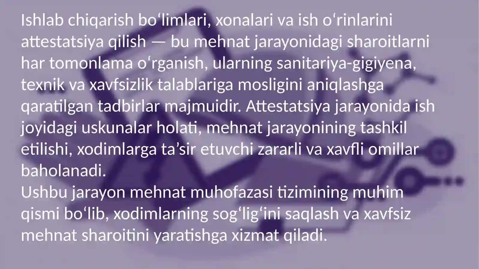 Ishlab chiqarish bo'limlari xonalarini attestatsiyadan o'tkazish 3