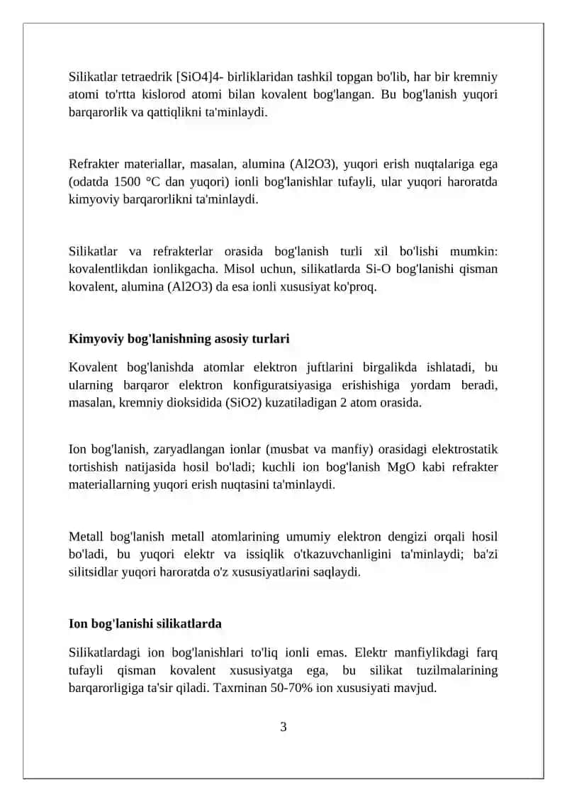 Silikat va qiyin eriydigan nometall materiallarda kimyoviy bog'lar 3