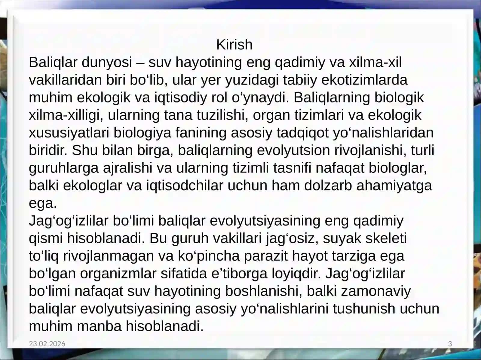 Jag'og'izlilar bolimi baliqlar katta sinfi togayli baliqlar sinifing umumiy tasnifi va sistematik sharhi 3