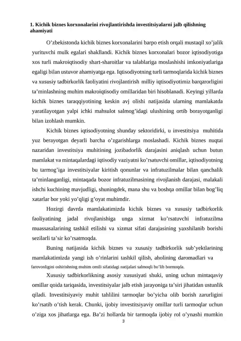 Kichik biznes korxonalarini rivojlantirishda investitsiyani ahamiyati 3