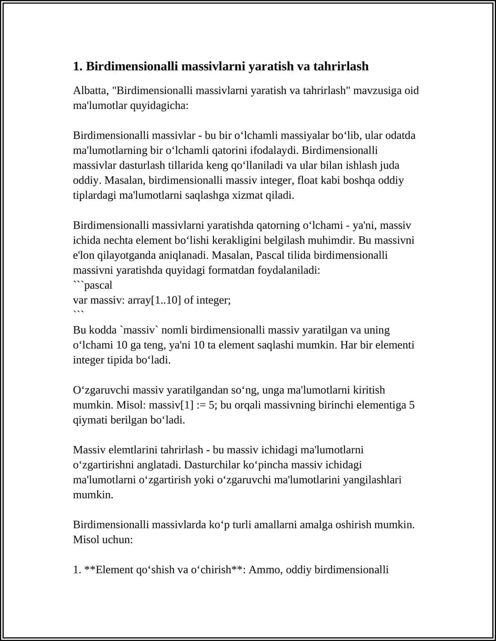 BIR OʻLCHOVLI VA KOʻP OʻLCHOVLI MASSIVLAR USTIDA AMALLAR BAJARISH 3